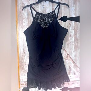 Black 1 piece skirted swimsuit